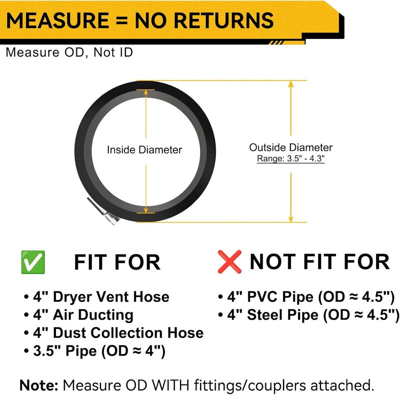 URANNBRIKS 4 Inch (Diameter) Hose Clamp, 304 Stainless Steel Quick-Screw Dryer Vent Clamp, Adjustable 3.5″ to 4.3″ Worm Gear Hose Clamps for Air Ducting, Dust Collection, Automotive, 4 Pack - Image 4